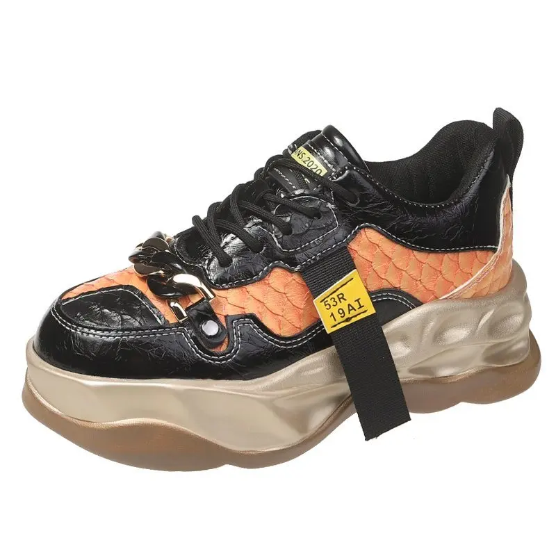 

Women Chunky Sneakers Leather Mesh Mixed Colors Cross-Tied Fashion Platform Lady Casual Handmade Shoes