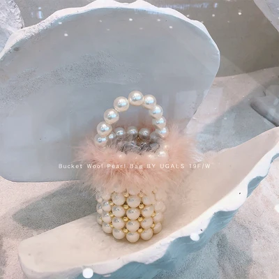 Сумка мешок женская с жемчугом меховой плетеный ручной работы вечерняя сумочка