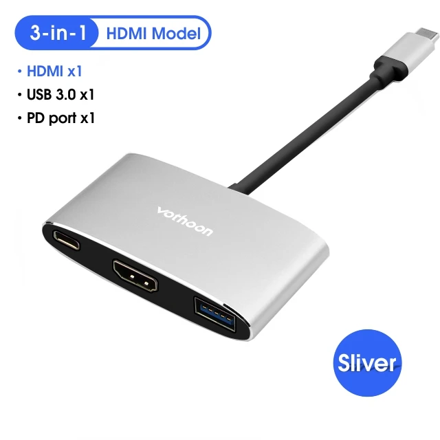 Вотон usb type C концентратор к USB 3,0 HDMI USB концентратор для MacBook Pro Air huawei P30 Samsungs S10 S9 3 порта VGA type C концентратор - Цвет: 3-in-1 Silver