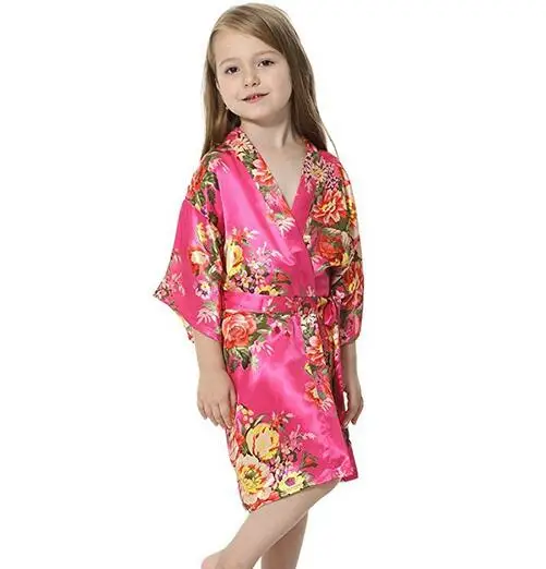 Flower Girl Kids Floral Silk Child Kimono Bridesmaid Bride Robe Women Satin Robes Wedding Nightgown Woman Bathrobe 4/8/12 Size