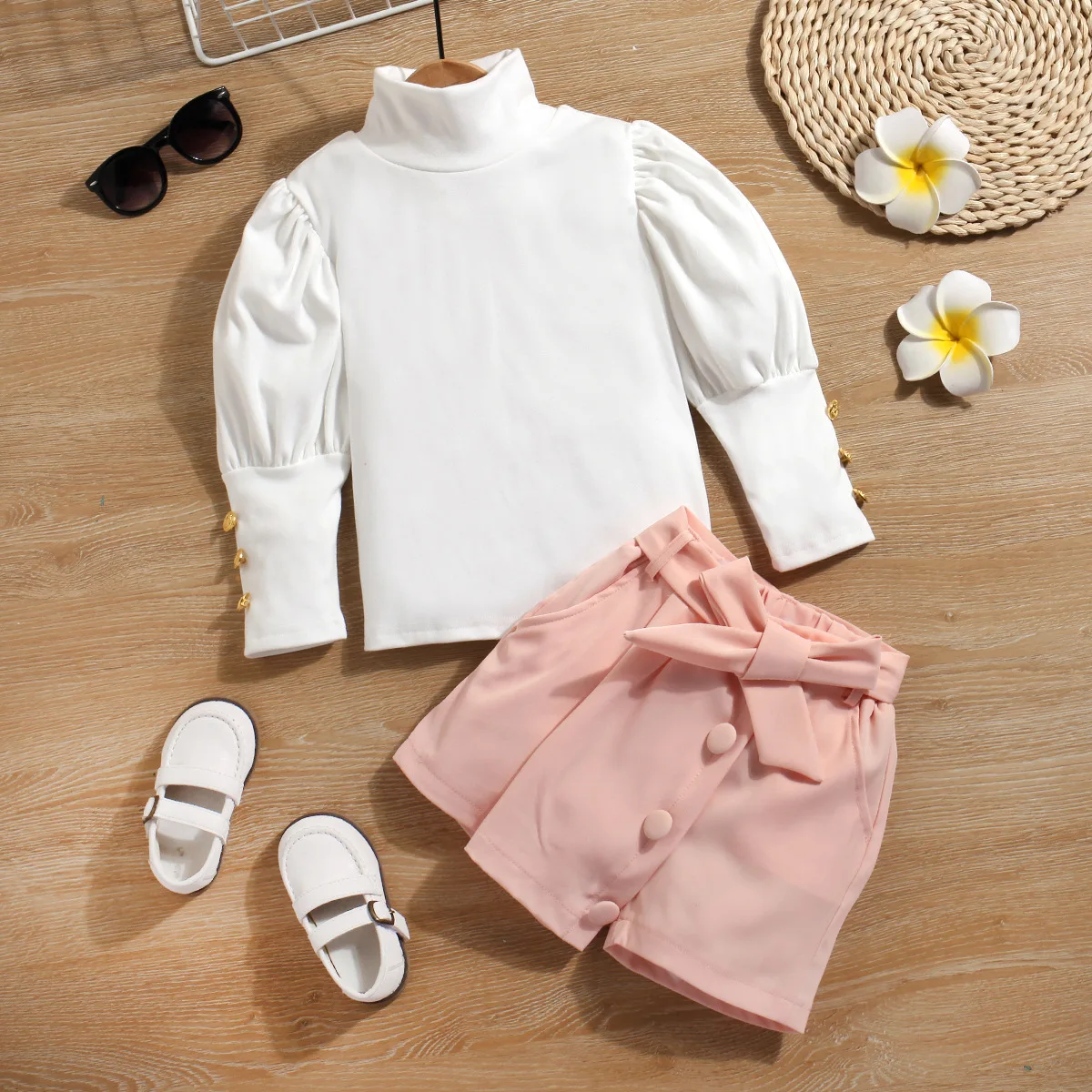 KEAIYOUHUO Toddler Kids Girls Clothes 2022 Spring Casual Soild Color Turtleneck Top+ Pink Shorts 2pcs Suit Toddler Clothing Sets