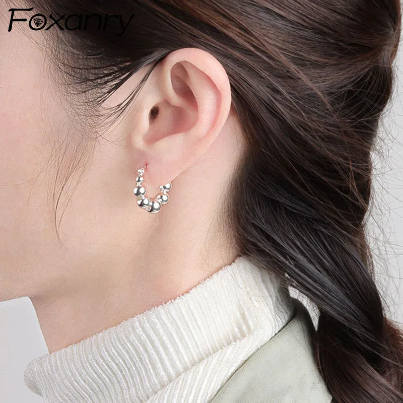 

Foxanry Silver Color Hoop Earrings New Trendy Minimalist Elegant Round Ball Handmade Jewelry Party Gifts Prevent Allergy