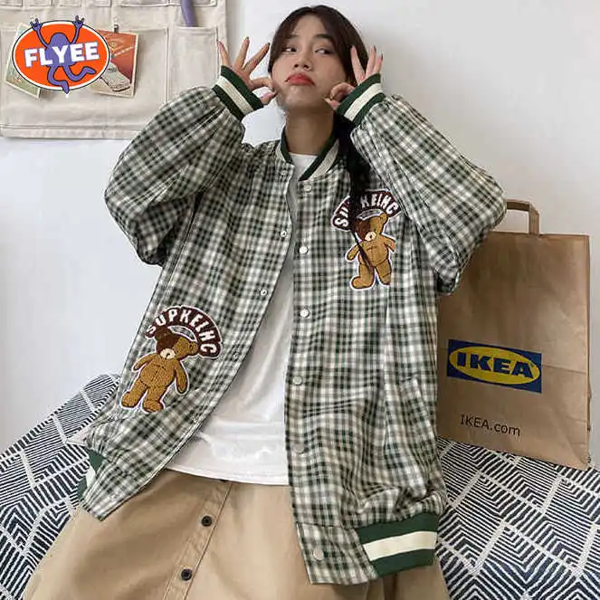

Plaid Women's Bear Embroidery Baseball Jacket Color Block Vintage Harajuku Jacket 2021 Spring Oversized V Neck Coats Casual