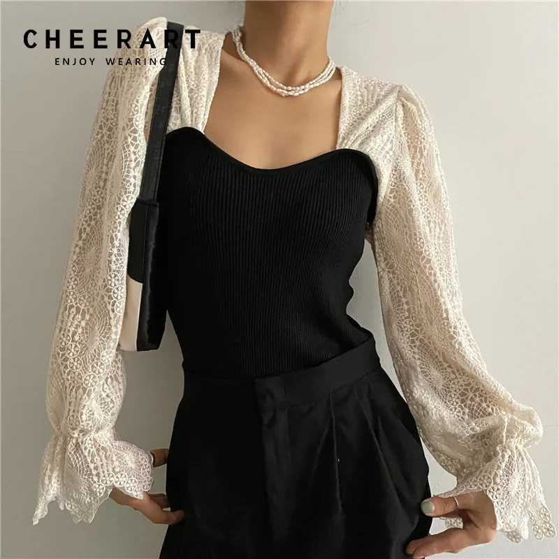 

CHEERART Square Neck Long Sleeve Lace Top Bodycon Korean Blouse Flare Sleeve Patchwork Ladies Knitted Blouse Women 2021