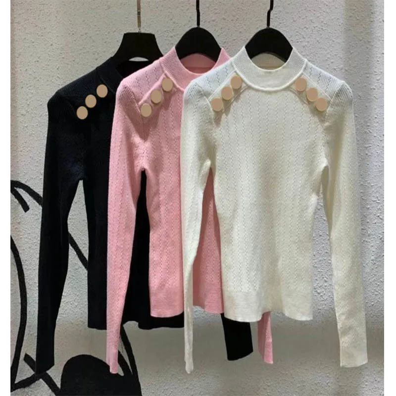 

21 Autumn Women Solid Color Knitted Pullovers Long Sleeve Round Collar Button Jumper High Quality All Match Slim Bottoming Shirt