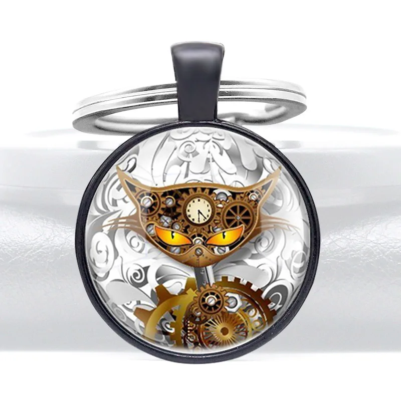 

Steampunk Gear Cat Pattern Glass Cabochon Metal Pendant Key Chain Fashion Accessories Gift