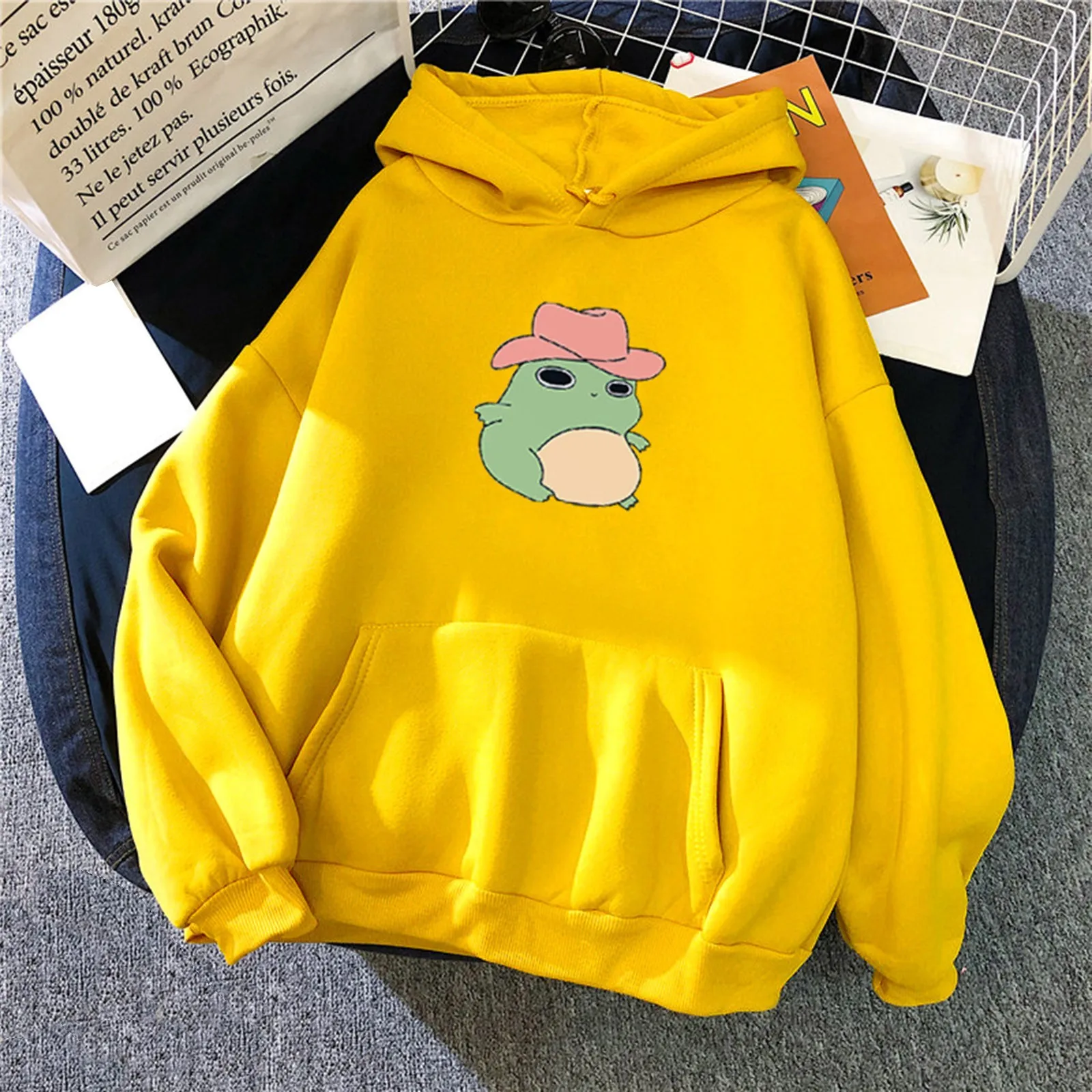 Women Hoodies Oversized Kawaii Frog Hoodie Solid Color Autumn Winter Plus Velvet Warm Cartoon Long-Sleeve Hooded Sweatshirt Tops