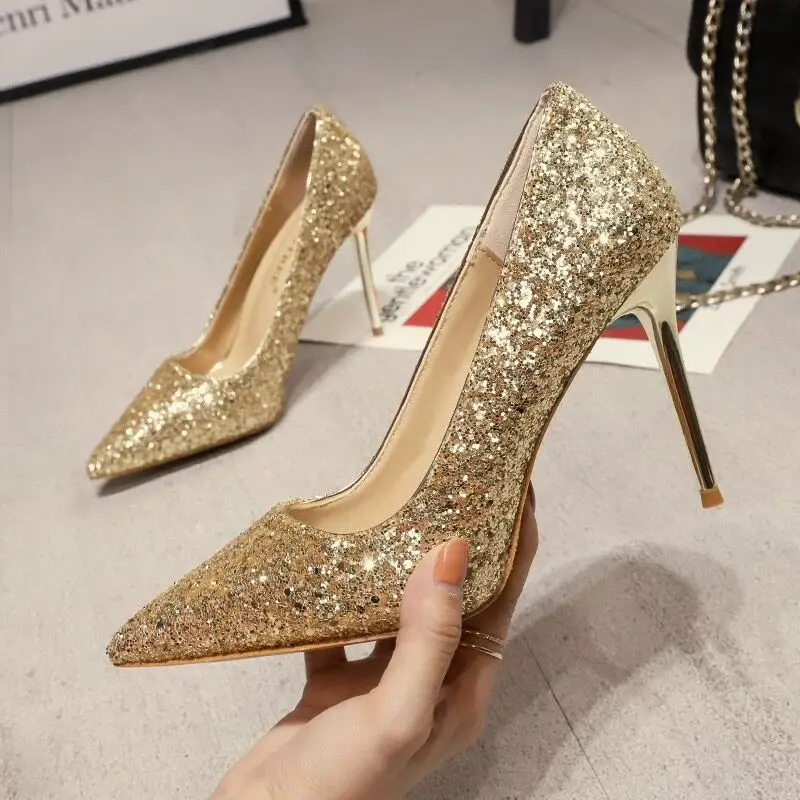 New Spring Women Pumps High Thin Heels Pointed Toe Metal Decoration Sexy Bling Bridal Wedding Shoes Gold 9cm | Обувь