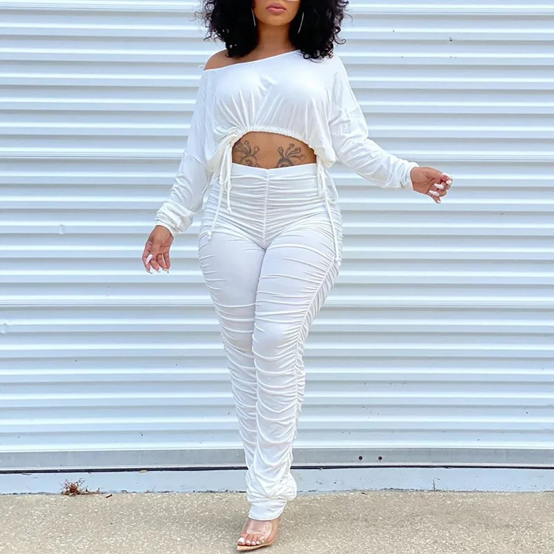 

Модный уличная одежда, Однотонный женский комплект, укороченный топ с рюшами, комплект со штанами, спортивный костюм для активного отдыха, к...