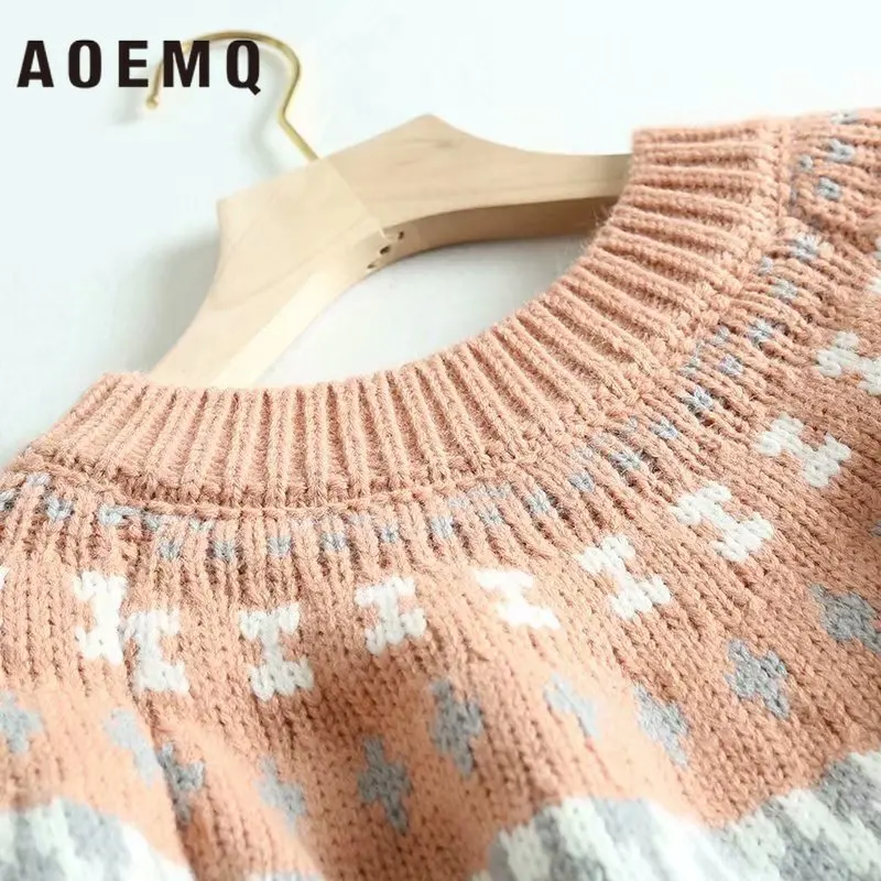 AOEMQ зимние свитера индийский народный винтажный принт женские розовый