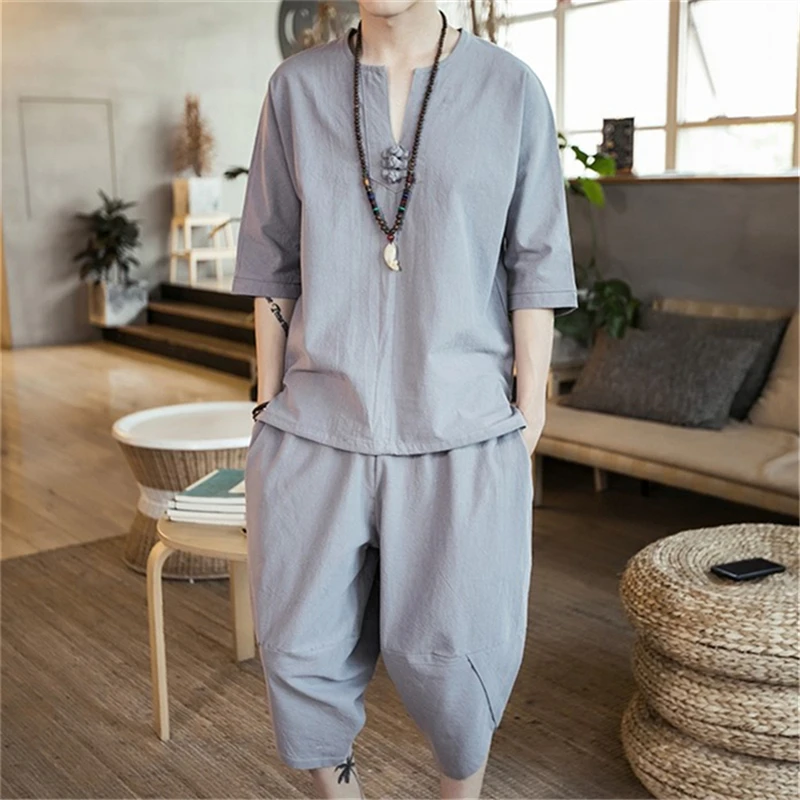 Light Gray Мужской льняной хлопковый традиционный комплект одежды, повседневный летний топ с коротким рукавом и пряжкой, широкие брюки, ретро рубашки кунг-фу - Цвет: Light Gray