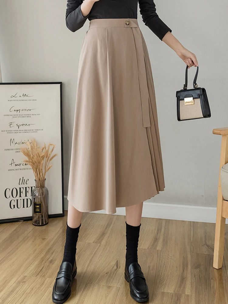 

2021 Spring Summer Irregular Pleated Skirt Women High Waist Sashes Midi Skirt Korean Style Faldas Largas Mujer Side Slit