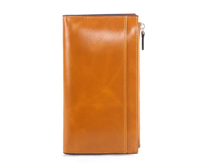 

Genuine leather women solid long purse 3 folder card holder wallet