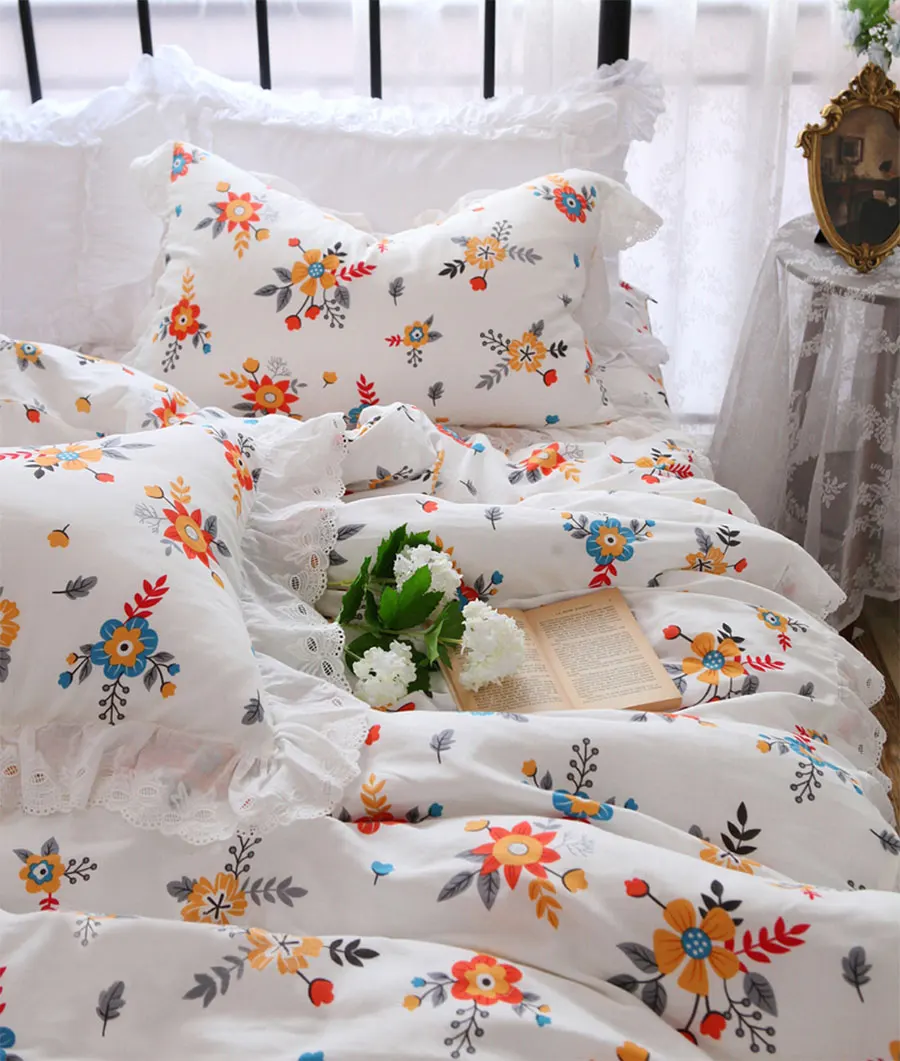 

Романтический пасторальный кружевной комплект постельного белья, милый цветочный полный Королевский Король хлопок двойной домашний текст...