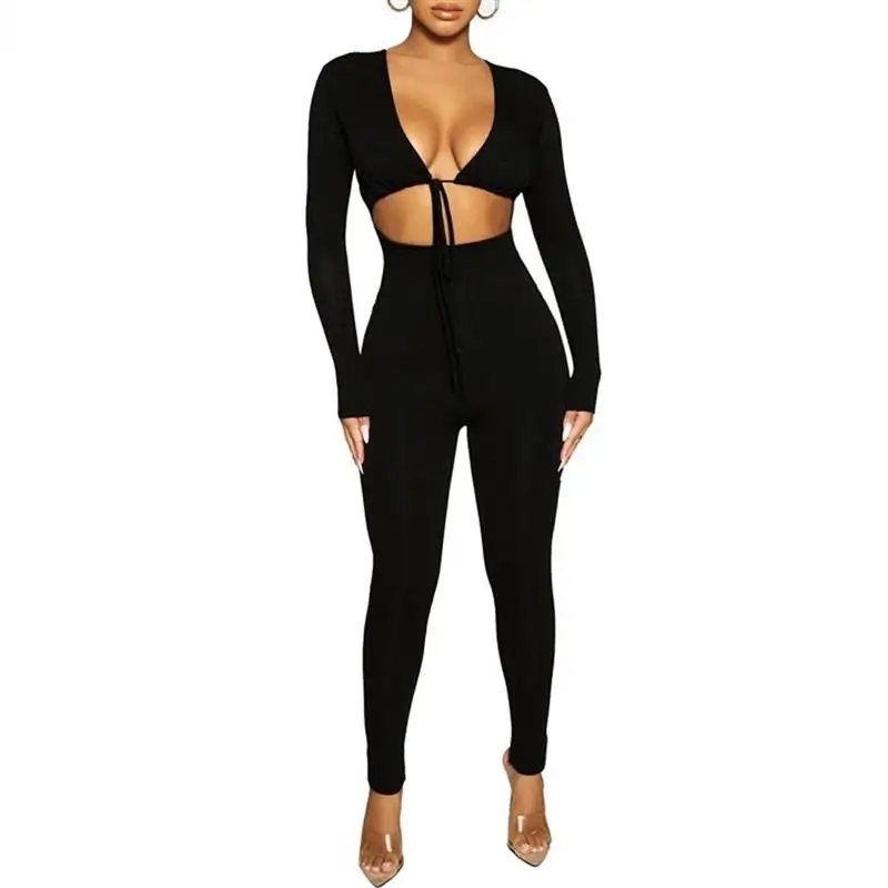 

Women Autumn Solid Color Jumpsuits V-Neck Bandage Hollow Out Long Sleeves Bodycon Slim Long Pants High-Waist Trousers Rompers