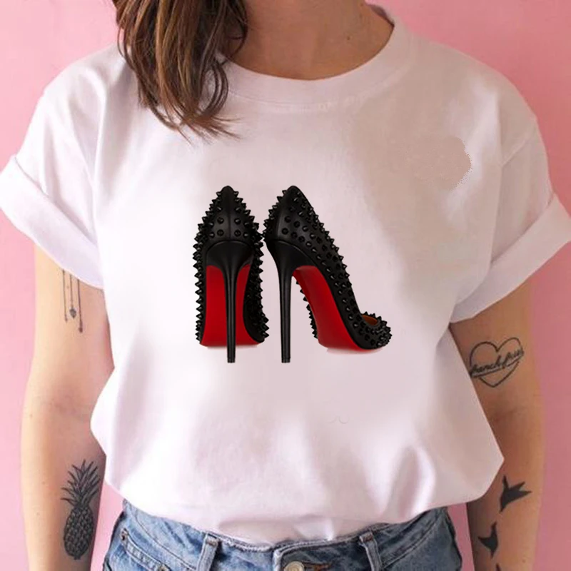

Women Vintage Style Fashion High Heels Print Funny Summer T shirt Women Princess Short Sleeve T Shirt