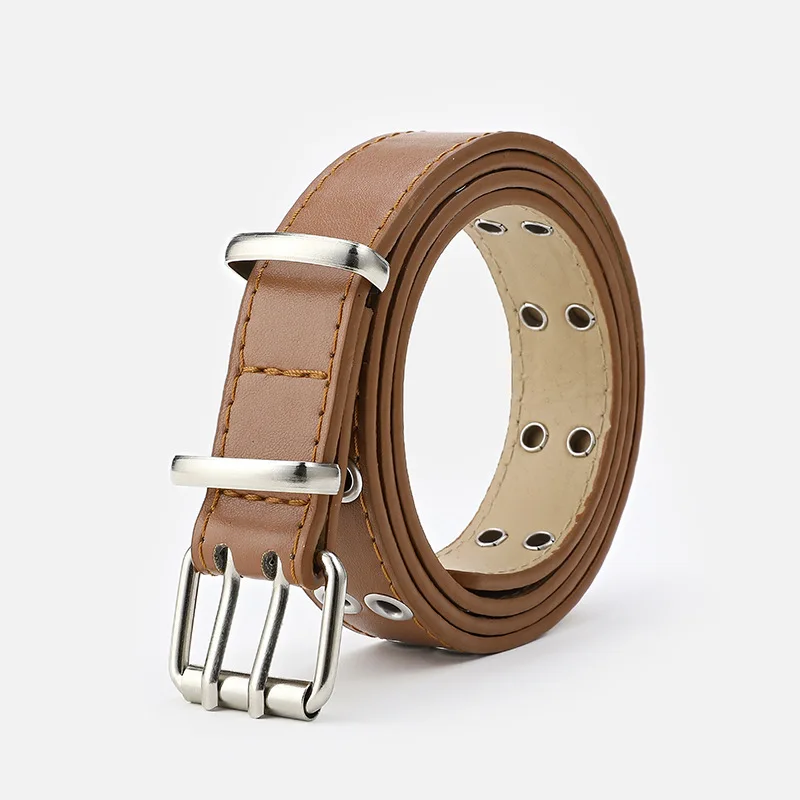 

Punk Style Full Hole Double Row Thin Belt Fashion Eyelet Buckle Punch Free Ins Style Decorative Pin Buckle Leisure Belt Women