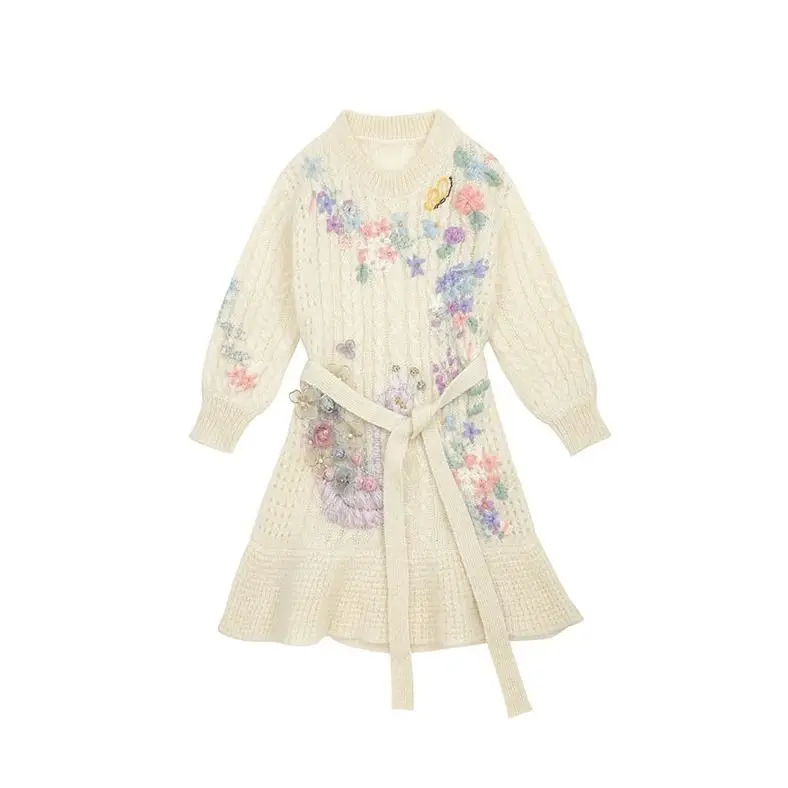 Женское трикотажное платье Повседневное платье-свитер с вышивкой длинным