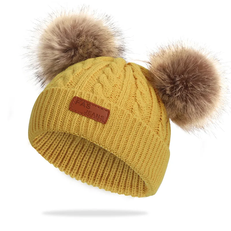 Yellow-1 Детская шапка, вязаная Милая шапка для девочек, BoysBig Pom pom Beanie, детские шапки для девочек и мальчиков, теплая вязаная зимняя детская шапка из натурального енота F - Цвет: Yellow-1