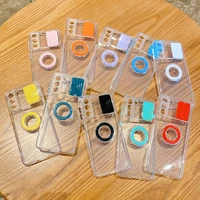 slide push window multi color ring holder phone case for samsung galaxy s21 ultra s21 fe s21 5g soft tpu transparent back cover