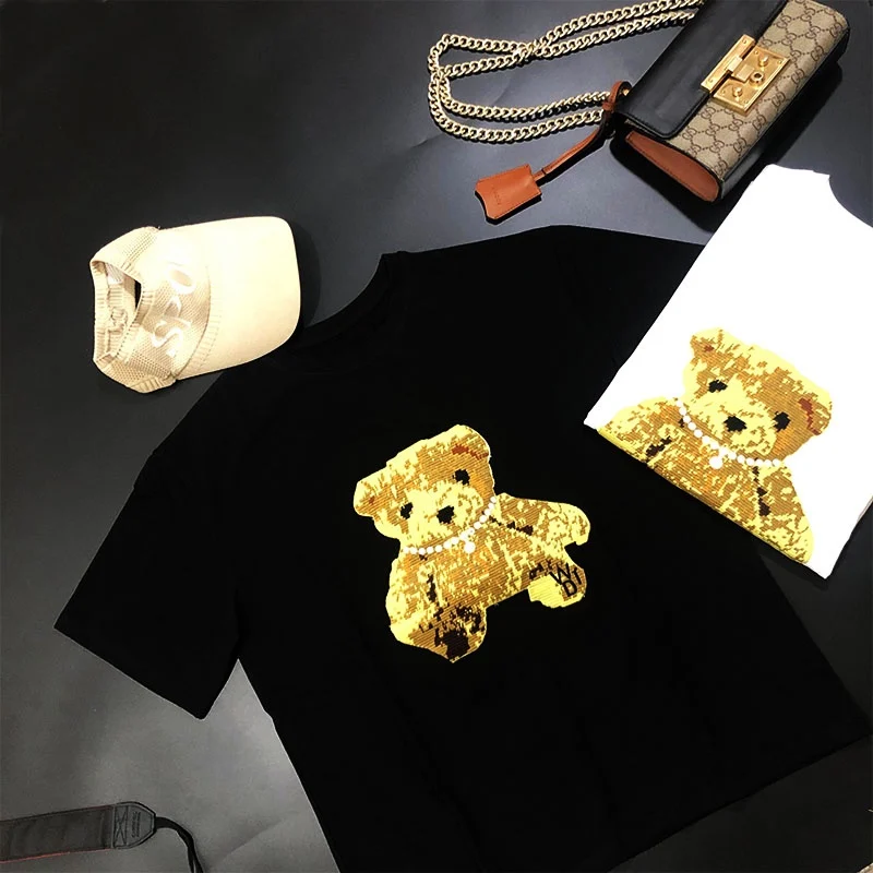 

2021 new summer short sleeve high quality cotton women's T-shirt with O neck Embroidered necklace bear tops