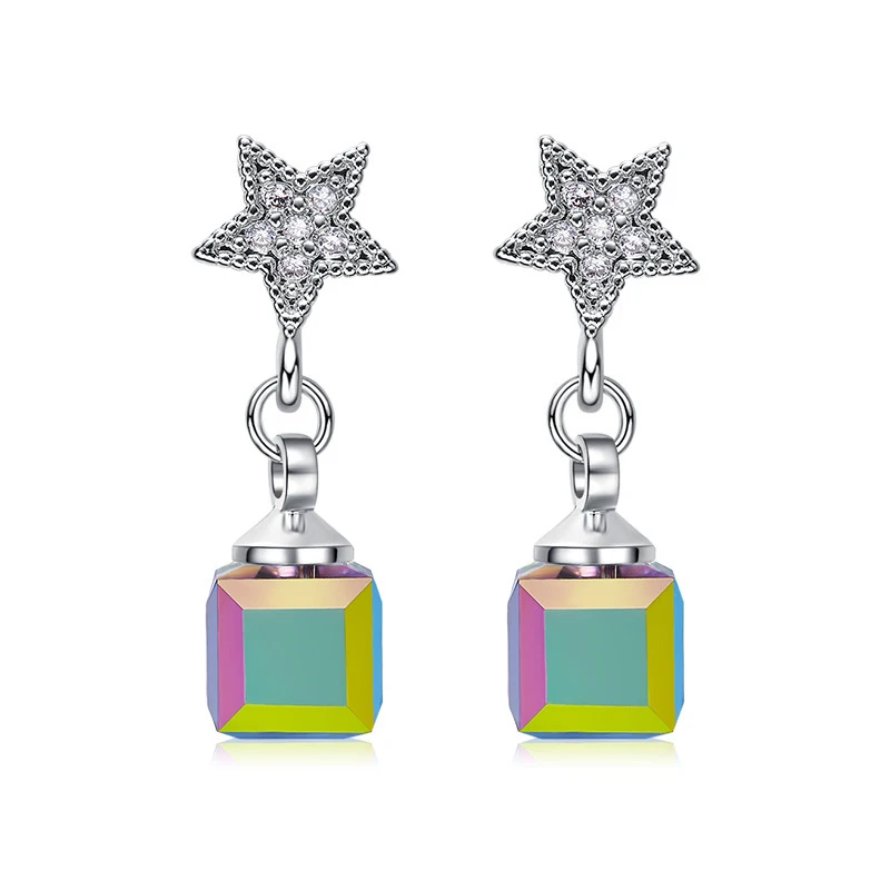 Warme Farben Crystal from Swarovski Earrings for Women S925 Sliver Square Cube Crystal Drop Earrings Korean Earrings Brincos