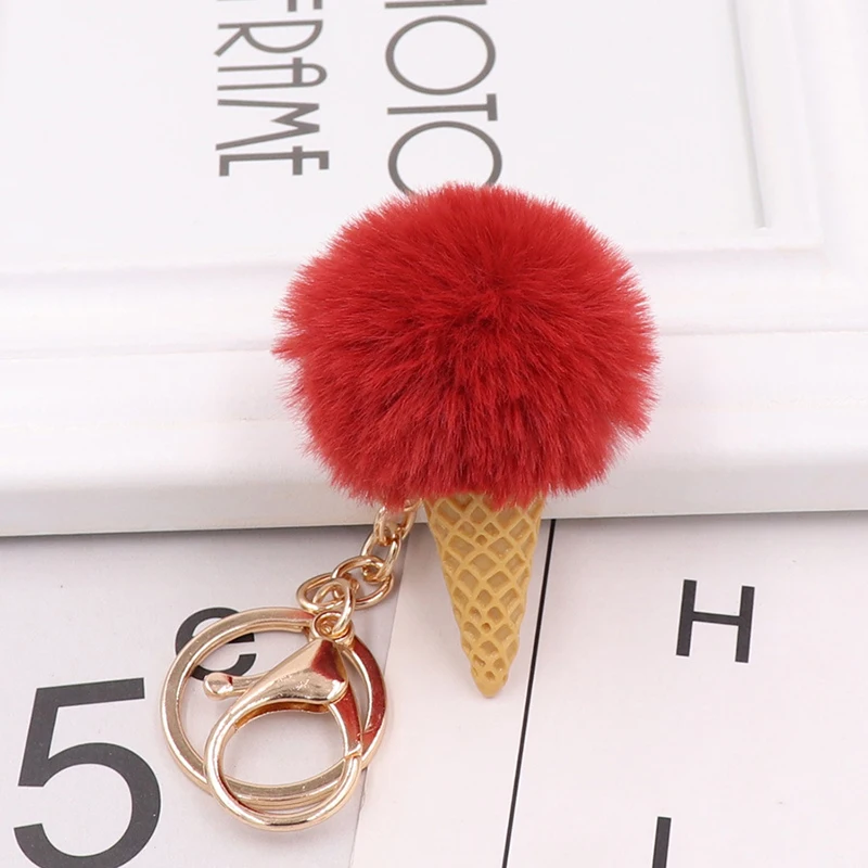 Q модный брелок меховой шар мороженое конус многоцветный пушистый кольцо для