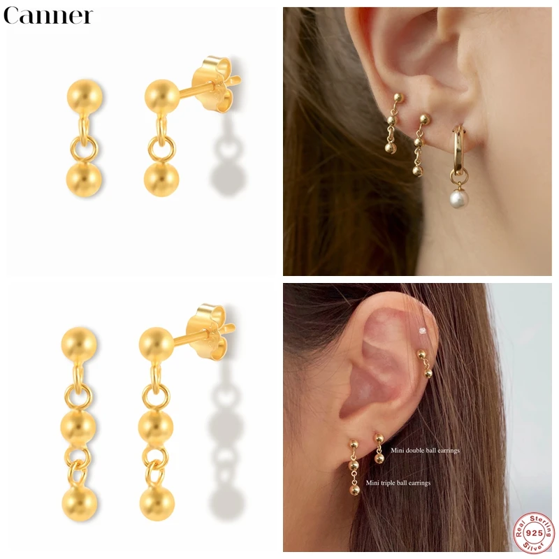 

CANNER Authentic 925 Sterling Silver Cute Little Ball Long Stud Earrings Simple Like Beans Shape Dangles Earrings For Women Gift
