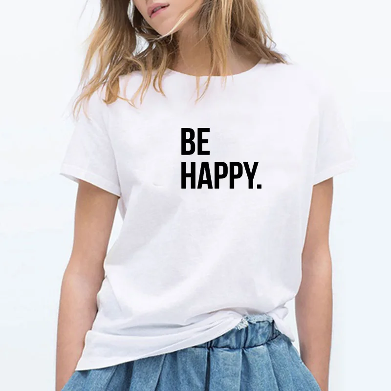 Женская футболка с коротким рукавом BE HAPPY Harajuku черная белая из хлопка|Футболки| |