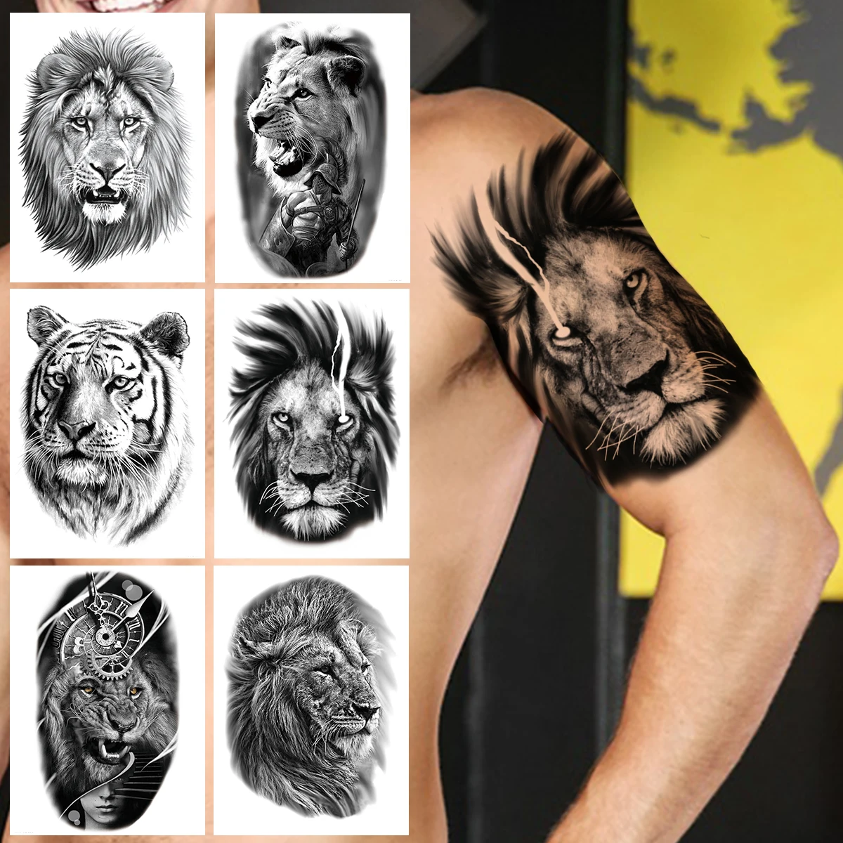 

Hot Sale Lion Temporary Tattoo For Men Women Adult Fake DIY Tiger Tattoos Sticker Black Body Art Drawing Minimalist Tattoo Decal