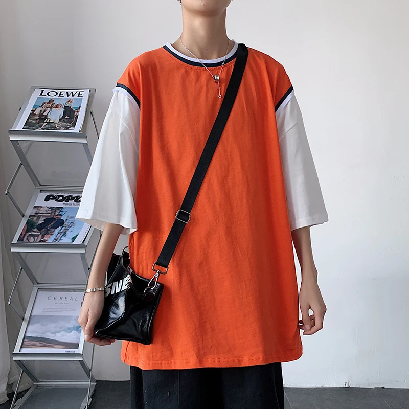 

Летняя модная футболка HENCHIRY с коротким рукавом, женская простая футболка с имитацией двух частей, повседневный уличный Топ для пар, свободн...