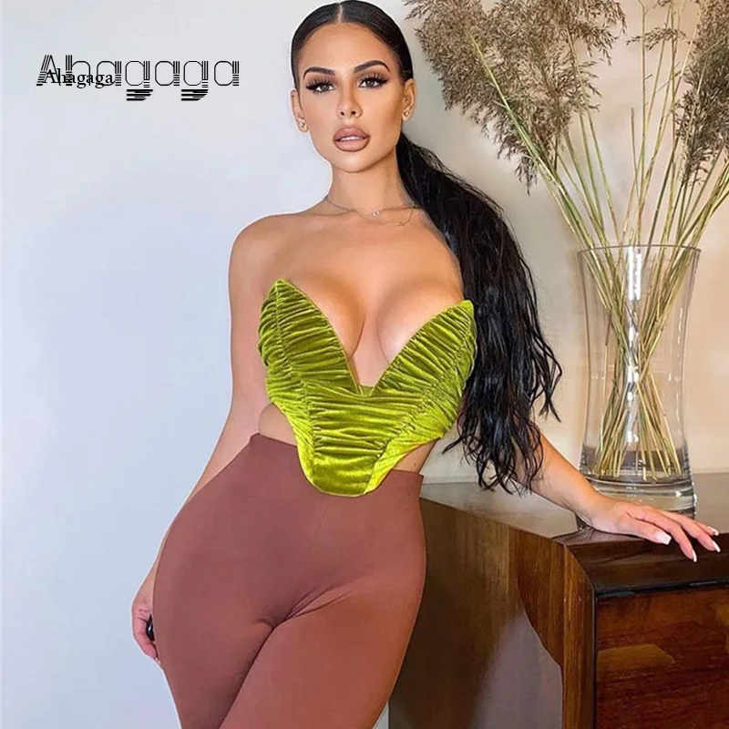 

AHAgaga V-cut Sleeveless Backless Bralette Top Velvet Corset Top Female Tanks Green Streetwear Sexy Party Vest Women's Tank Tops