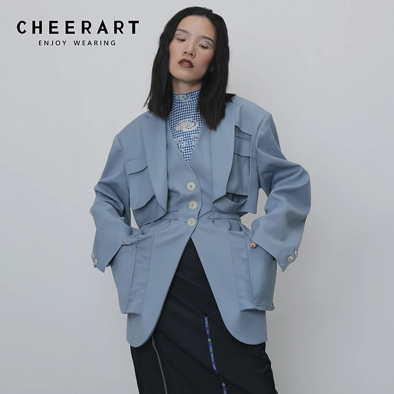 Дизайнерское синее пальто для женщин CHEERART модное со шнуровкой и карманами Тренч
