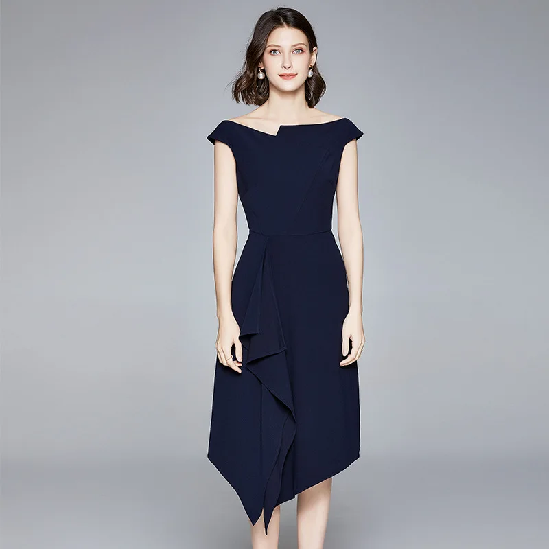 

Dress Summer 2020 Ladies New Asymmetrical Slash Neck Solid Color Slim Irregular Elegant Dress Over The Knees Navy Blue S-XL