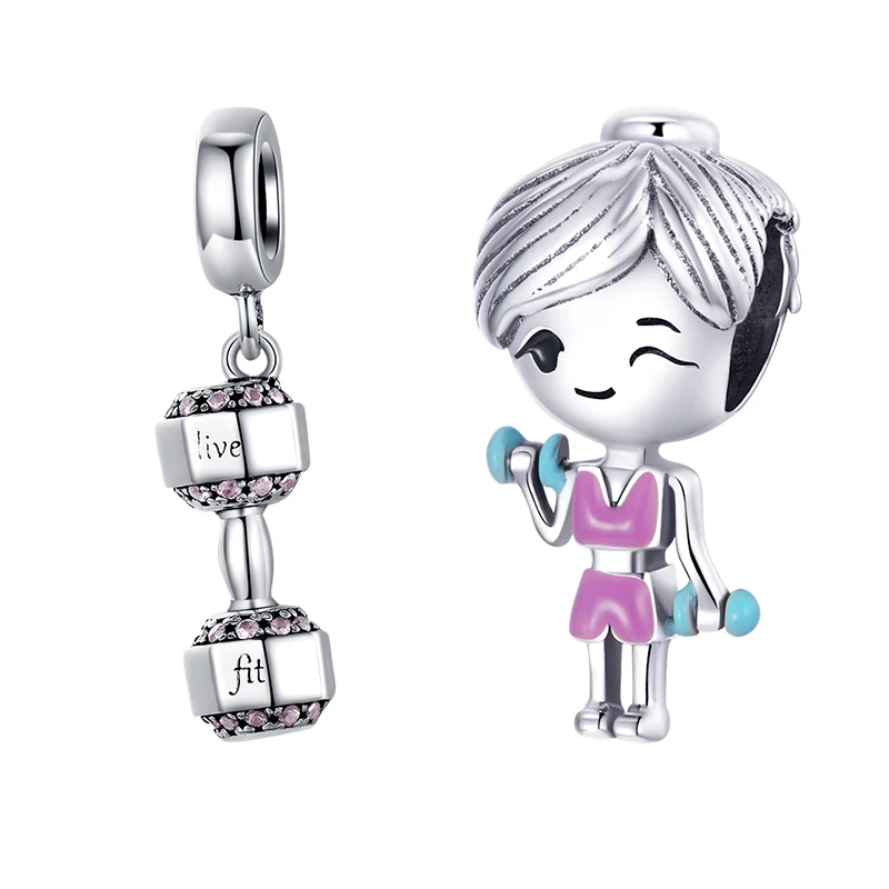 Genuine 925 Sterling Silver Gym Clothes Pink Workout Girl Dumbbell Charm Pendant Fit Original Bracelet Women Fine Jewelry Gift | Украшения