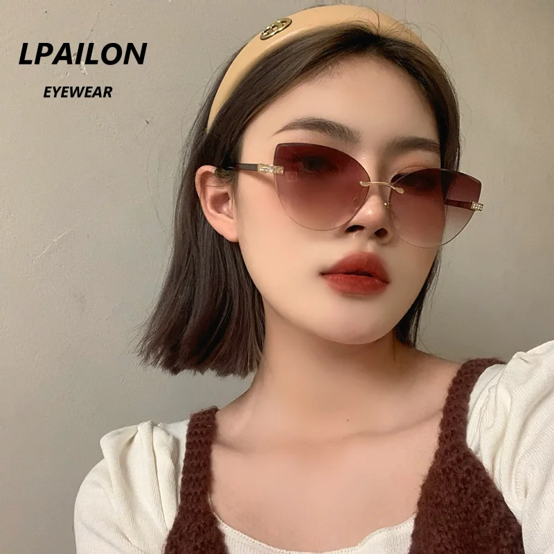 [Lpailon】 2021 Новые солнцезащитные очки без оправы женские модные кошачий глаз с