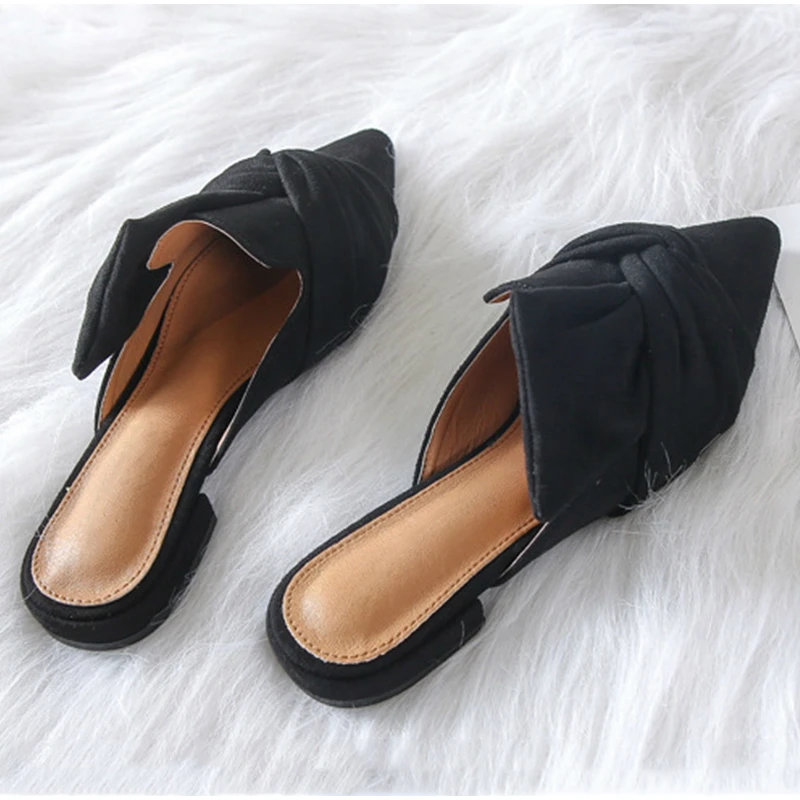

Women Slippers Summer Mules Shoes Women Suede Slide Flock Slippers Female Mules Low Heels Pointed Toe Bowtie Zapatos De Mujer B1