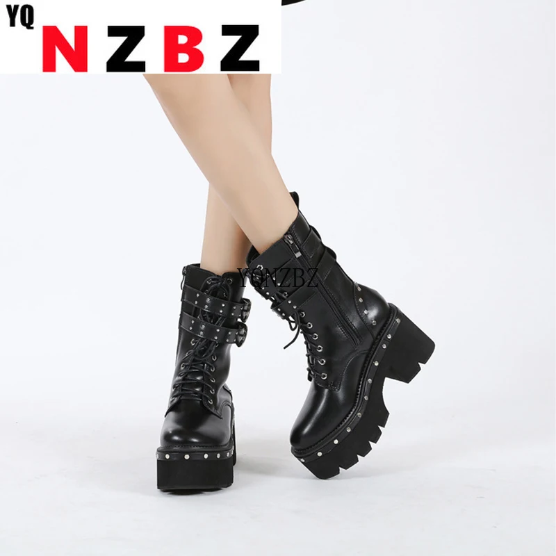 

Women Platform Boots Black Rivet Buckle Lace Up Buckle Ladies Mid Celf Boot Outdoor Casual Side Zipper Thick Bottom Female Shoes