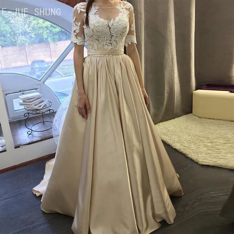

E JUE SHUNG Stain Wedding Dresses Sheer Square Neck Short Sleeves Lace Up Back Appliques Champagne Bridal Gown robe de mariee