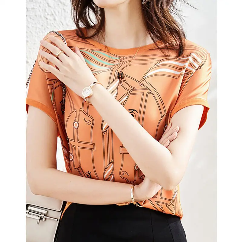 

Short-sleeved Shirt Top Women's Temperament 2021 Summer Round Neck Stitching Loose Age-reducing Shirt Western Style T-shirt