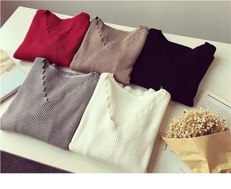 

Fashion Autumn Women V-neck Long-sleeve Knitted Sweater Female Jumper Pullover Solid Basic Elasticity Women Clothing Pull Femme