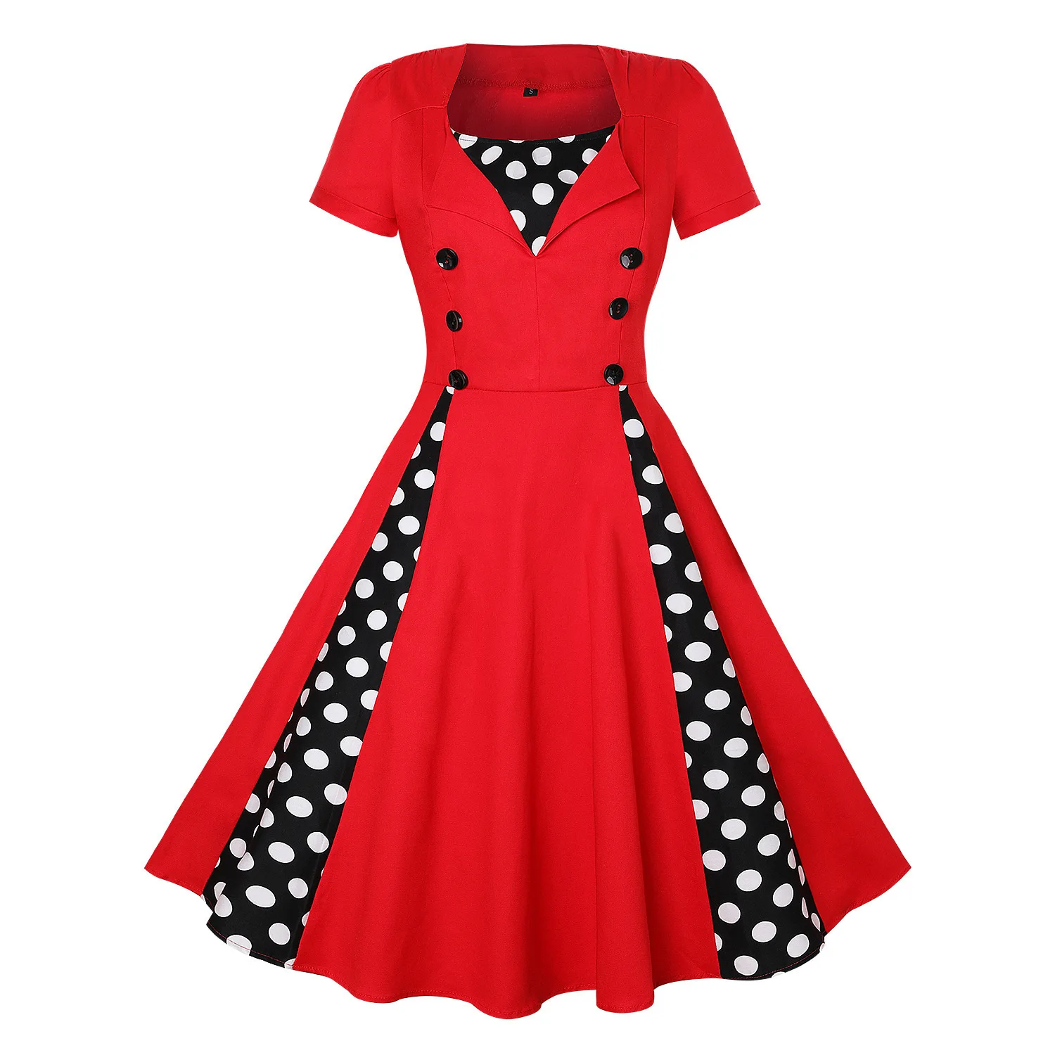 

Mandylandy Summer Fashion Short Sleeve V-neck Slim-Fit Buttoned High Waist Dress Women's Vintage Dotted Prints Stitching Dress