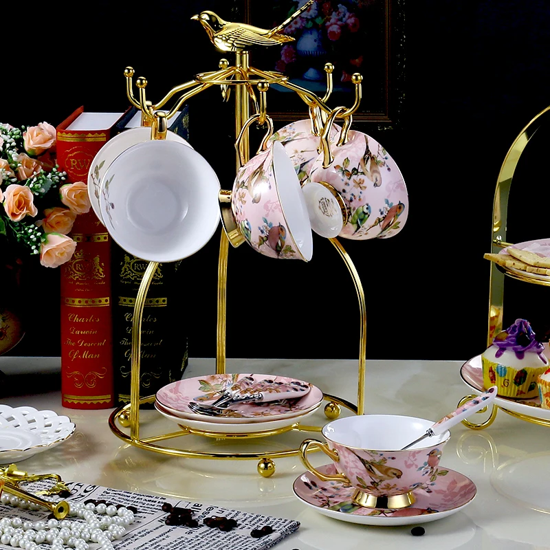 6Cups n Birdcage Пасторальная птица костяного фарфора чайная чашка блюдце ложка набор Европа фарфоровая кофейная чашка 200 мл кружка поднос кафе стакан вечерние посуда для напитков - Цвет: 6Cups n Birdcage