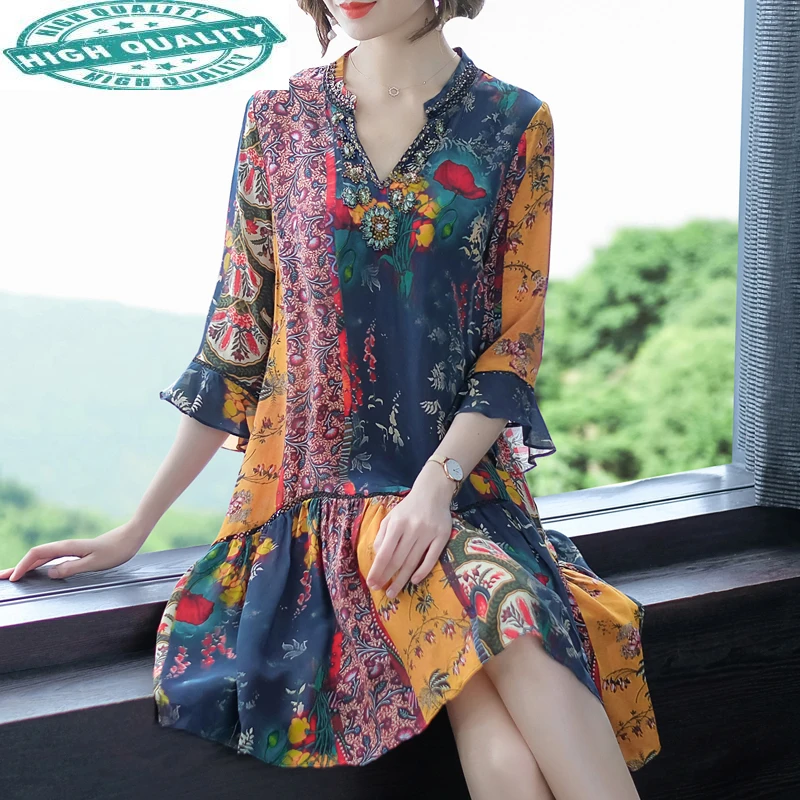 

Summer Spring Silk Floral Boho Midi Korean Fashion Dresses for Women Casual Vestidos Elegantes KJ
