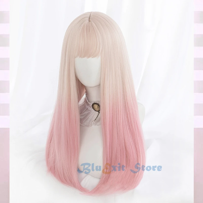 

Плавный бежевый розовый парик Лолиты Harajuku Sweet Sakura, длинные прямые смешанные цвета, синтетические волосы с бахромой, челка, повседневные Взрослые Девушки