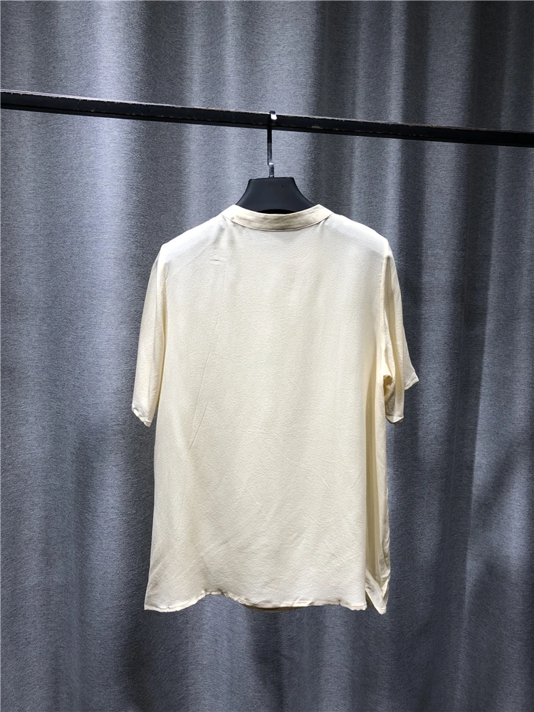 

Stand Collar Short Sleeve Temperament Solid Color Straight Silk Woman Tshirts Light Thin Ventilation Tshirt Women 2021