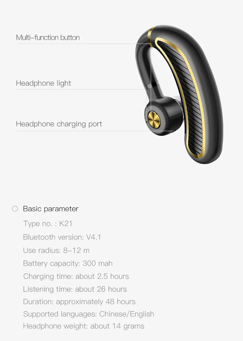 K21 Беспроводные наушники с громкой связью, bluetooth-гарнитура, наушники-вкладыши с микрофоном, чехол для наушников для компьютера, телефона