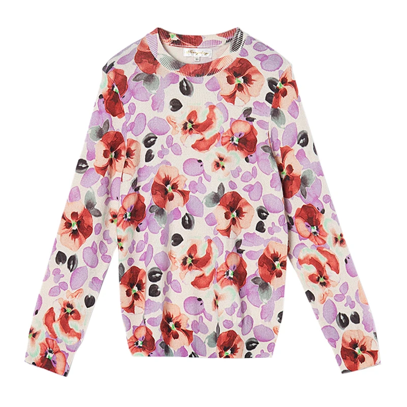 100% Cashmere Sweater Women Round Neck Pink Print Floral Pullovers Natural Fabric Soft Warm High Quality Free Shipping