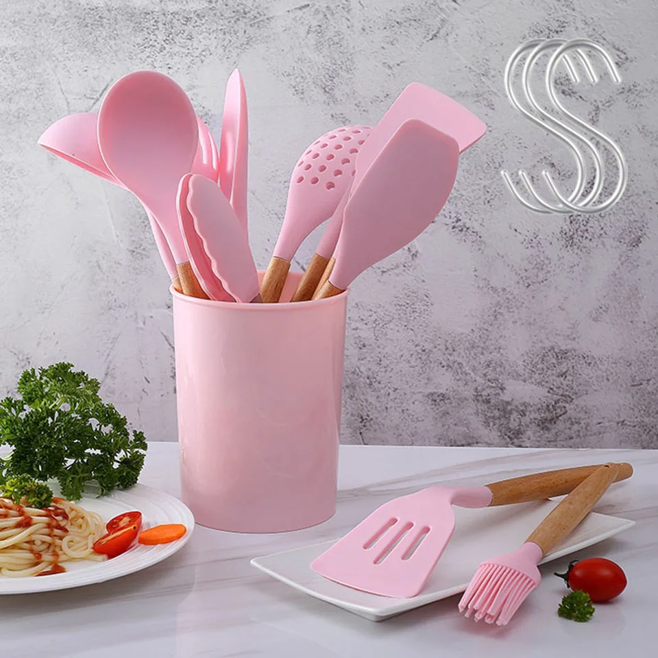 

Silicone Kitchen Utensils Set Cooking Tools Non-stick Spatula Clips Spoon Shovel Brush Whisk With Wooden Handle