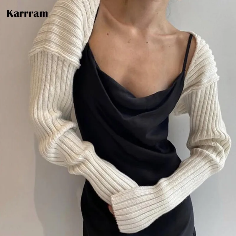 Karrram Sexy Striped Line Ribbed Knitting Shawl Sweater Cropped Women Cardigan Long Sleeve Scarf Streetwear 2021 Autumn Winter